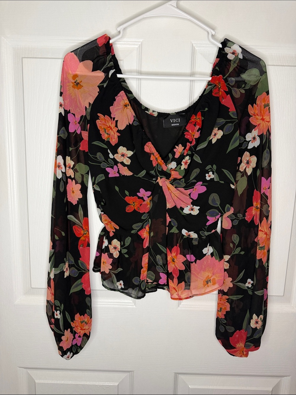 VICI Black Floral Tie-Front Blouse with Pink & Coral Blooms